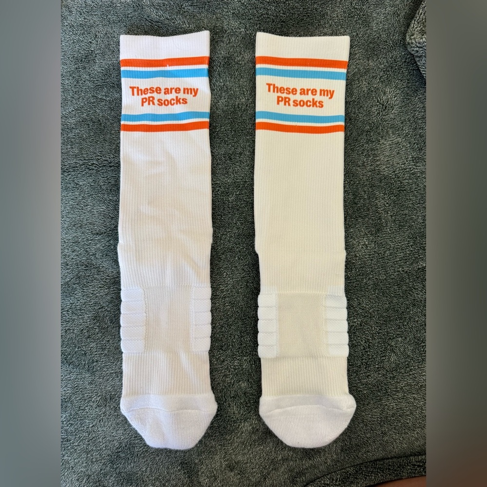 Orangetheory White Athletic Knee-High Socks with Orange & Blue Stripes